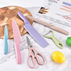 6-Piece Stainless Steel Kitchen Knife Set with 8-Inch Chef Knife, Mini Cleaver, Bread Knife, Paring Knife, Multifunction Scissors, Peeler & Anti-Slip PP Handles