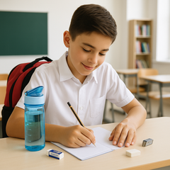 مجموعة كاملة من مستلزمات العودة إلى المدرسة تتضمن حقيبة ظهر، وزجاجة ماء، وأقلام رصاص، ومبراة، وممحاة