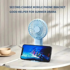 3-in-1 Portable USB Rechargeable Handheld Mini Fan with 3 Adjustable Speeds, Quiet Cooling, Built-In Mobile Phone Holder, Detachable Desktop Stand & Lightweight Travel Design