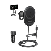 شاحن السيارة اللاسلكي Anker MagGo بقوة 15 وات (وسادة، كابل USB-C مدمج بطول 5 أقدام) مع شاحن سيارة بقوة 25 وات باللون الأسود