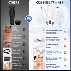 3-in-1 USB Rechargeable Electric Facial Hair Remover & Eyebrow Trimmer for Women with 3 Interchangeable Heads, Nose & Bikini Trimmer, Rounded Safety Blades, Gentle Hair Removal & Cordless Portable Design