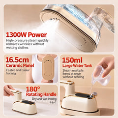 1300W 4-in-1 Portable Handheld Steam Iron & Garment Steamer with 20S Fast Heating, 150ml Water Tank, 180° Rotating Handle, 16.5 CM Ceramic Soleplate, 7 Steam Holes, 25±3g/min Continuous Steam Output & Wet/Dry Ironing for Home & Travel