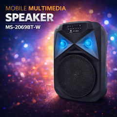 Portable Mobile Multimedia Bluetooth Speaker with 8 Inch Woofer, RGB Light Show, 25W Output, Wireless Microphone Support, FM Radio & USB Playback – MS-2069BT-W