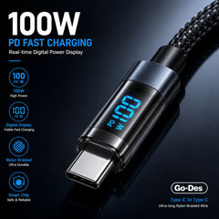 Go-Des GD-UC620 1.2M USB-C to USB-C 100W PD Fast-Charging Nylon-Braided Cable with Digital Power Display, Smart Chip and Data Synchronization