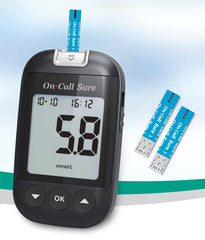 On Call Sure Digital Blood Glucose Meter and 100 Test Strips Combo Pack - ISO Certified for Home Blood Sugar Testing