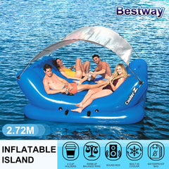 Bestway Rock-N-Shade Inflatable Floating Island for 4 Adults with Canopy, Built-in Cooler, Music Sound Box & Swim-Up Balance Ring – 2.72m x 1.96m
