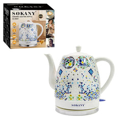 SOKANY SK-09008 Premium Ceramic Electric Kettle 1.5L, 1000W, Decorative Mosaic Porcelain Design, 360° Swivel Detachable Base