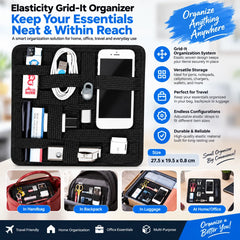 Elastic Grid-It Organizer with Flexible Retention Straps, Rear Zipper Pocket & Multi-Purpose Gadget, Cable, Tool & Travel Storage – 27.5 × 19.5 × 0.8 CM