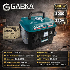 مولد بنزين محمول GABKA GA-88018 900 وات 2 حصان محرك 63 سم مكعب 220 فولت 50/60 هرتز، جهاز طاقة احتياطية يعمل بالبنزين صغير الحجم - علبة مفتوحة / منتج جديد