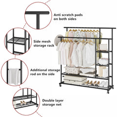 Heavy Duty Double Pole Rolling Clothes Rack & Multi-Layer Storage Organizer with Lockable Wheels, Side Shelves, Bottom Shoe Rack & 88Kg Load Capacity 148x130x40CM