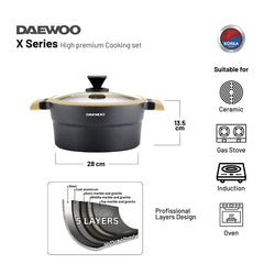 Daewoo Granite Casserole Pot with Lid Black & Brown (32, 28, 24 cm)