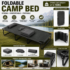 Heavy Duty Foldable Camping Bed 190 x 72 x 28 CM with 150Kg Load Capacity, Steel Frame, Oxford Fabric, Elastic Strap Pillow, Blanket & Eye Mask for Indoor & Outdoor Use