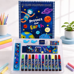 Zhilibang Space Theme Kids Art & Stationery Set with 12 Color Markers, 12-Page Drawing Book, Ruler, Eraser, Sharpener, 6 Pencils & Clips – Protect Our Earth Creative Learning Kit