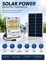 TOBY'S Solar-3S 600W Solar LED Flood Light with RC, IP65 Waterproof, 6500K Daylight, 120° Beam Angle, Outdoor Security & Garden Lighting Kit