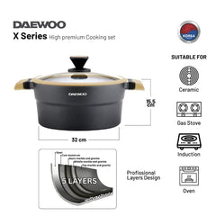 Daewoo X Series 11 Pcs Granite Cooking Set 32,28,24 cm Pot, 28 cm Pan, 28 cm Casserole with 2 Pcs of Utensil Tools - Black & Brown