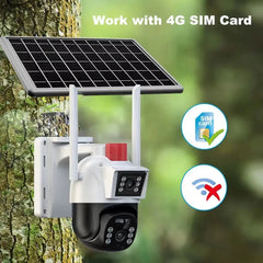 كاميرا مراقبة لاسلكية خارجية بالطاقة الشمسية 4G بعدسة مزدوجة 6 ميجابكسل (3MP+3MP) مع مستشعر حركة PIR، تتبع بشري، رؤية ليلية PTZ عالية الدقة، مقاومة للماء IP66 وصوت ثنائي الاتجاه - صندوق مفتوح / منتج جديد