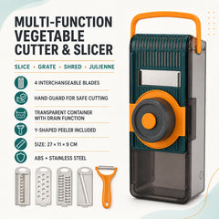 4-in-1 Multi-Function Vegetable Cutter & Slicer with 4 Interchangeable Stainless Steel Blades, Safety Hand Guard, Peeler & Storage Box for Kitchen