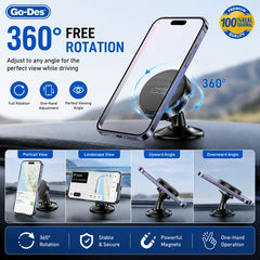 Go-Des GD-HD602 360° Rotating Magnetic Car Phone Mount Holder with Strong Adhesive Dashboard Base, Powerful Magnetic Grip and Adjustable Viewing Angle