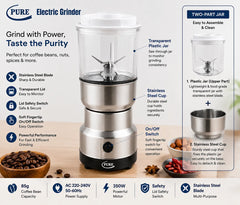 PURE 2-in-1 Electric Grinder 350W with Stainless Steel Grinding Bowl, Transparent Cover, Metal Blade, 85g Capacity, One-Touch Power Switch and 220-240V Compact Kitchen Grinder for Coffee Beans, Nuts, Grains and Spices
