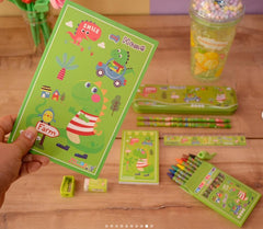 17 PCS Dinosaur Cartoon Stationery Set with Notebook, Crayons, Diary, Scale, Eraser, Sharpener, Pencils & Storage Box for Kids