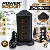 Heavy-Duty 12 Universal Socket Vertical Power Tower & Multi-Device Charging Station – 2500W, 10A, 110-240V, 2 USB + 1 Type-C, 5V 2.1A Auto Charging, 1.8M Power Cord, Master Control Switch & Flame-Retardant PC + ABS Housing