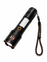 Rechargeable Portable LED Flashlight with Dual Light Source, High Low Strobe Main Light, SMD White & Red Flash Side Light, Type-C Charging & Safety Wrist Strap for Camping & Emergency Use