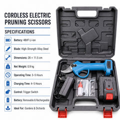 48VF Lithium-Ion Cordless Electric Pruning Scissors Kit with High-Strength Alloy Steel Blades, Digital Status Display, Removable Rechargeable Battery, Charger & Hard Carrying Case