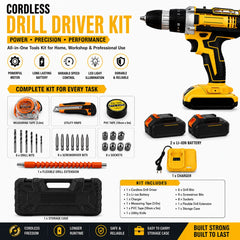Cordless Impact Drill Driver Kit with 25+3 Torque Settings, 2-Speed Control, 10mm Keyless Chuck, Forward & Reverse, LED Work Light & Complete Accessories