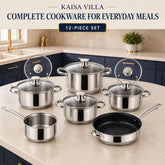 Kaisa Villa 12-Piece Stainless Steel Induction Cookware Set with 5-Layer Capsule Base, Tempered Glass Lids, Casseroles, Saucepan and Marble-Coated Frypan