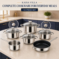 Kaisa Villa 12-Piece Stainless Steel Induction Cookware Set with 5-Layer Capsule Base, Tempered Glass Lids, Casseroles, Saucepan and Marble-Coated Frypan