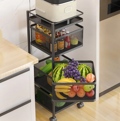 Multi Layer Square Metal Kitchen Storage Rack with Rotating Shelves & Wheels