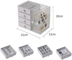 Luxury Acrylic Jewelry Organizer Box with 4 Velvet Drawers & 2 Side Hanging Sections, Dustproof Multi-Compartment Necklace, Ring, Bracelet & Watch Storage Case, Clear Display Jewelry Holder (21×13×18 CM)