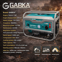GABKA 3000W 7HP Petrol Generator with AVR 210cc Engine Manual & Electric Start Portable Power Generator for Home Outdoor & Construction