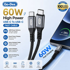 Go-Des 53-GD-UC619-4 1M USB-C to USB-C 60W PD Fast-Charging Nylon-Braided Cable with Data Synchronization, Reinforced Terminals and Tinned-Copper Core