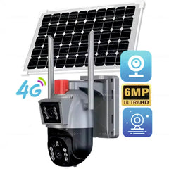 كاميرا مراقبة لاسلكية خارجية بالطاقة الشمسية 4G بعدسة مزدوجة 6 ميجابكسل (3MP+3MP) مع مستشعر حركة PIR، تتبع بشري، رؤية ليلية PTZ عالية الدقة، مقاومة للماء IP66 وصوت ثنائي الاتجاه - صندوق مفتوح / منتج جديد