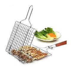 حامل شبكة من الفولاذ المقاوم للصدأ لشواية الشواء بمقبض خشبي - 40 × 30 سم