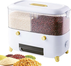 Double Compartment Dispenser & Storage Container for Rice, Cereal & Grains with Transparent Window and Lid