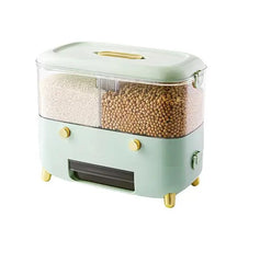 Double Compartment Dispenser & Storage Container for Rice, Cereal & Grains with Transparent Window and Lid