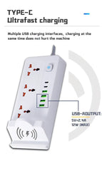 Multi-Functional Power Strip Extension - 3 Power Sockets, 1 PD & 5 USB Sockets
