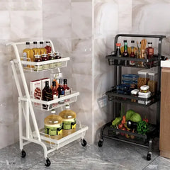 3 Tier Adjustable & Foldable Kitchen Storage Metal Rack Organizer Trolley with Wheels