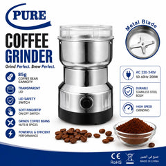Pure Electric Coffee Grinder 200W Stainless Steel Coffee Bean & Spice Grinder with 85g Capacity, Transparent Safety Lid, High-Speed Metal Blade Grinder
