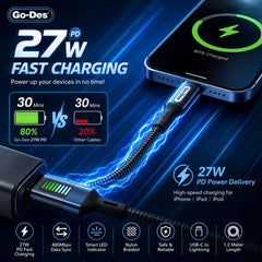 The Go-Des USB-C to Lightning cable supports 27W PD charging and synchronized data transmission. Its 1.2-metre braided construction provides flexible, anti-winding performance for comfortable everyday handling. A transpare
