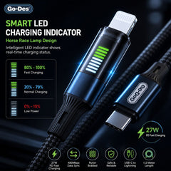 The Go-Des USB-C to Lightning cable supports 27W PD charging and synchronized data transmission. Its 1.2-metre braided construction provides flexible, anti-winding performance for comfortable everyday handling. A transpare