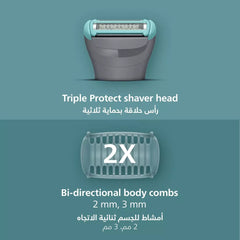 Philips Body Groomer BG3480/15 | تشذيب وحلاقة شعر الجسم | مقاوم للماء بنسبة 100% | لطيف على البشرة | أمشاط 2 و 3 ملم | 80 دقيقة من الاستخدام اللاسلكي | مؤشر البطارية | شحن USB