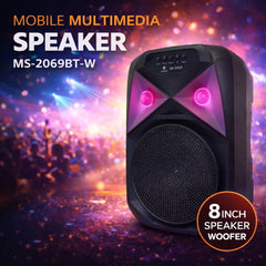 Portable Mobile Multimedia Bluetooth Speaker with 8 Inch Woofer, RGB Light Show, 25W Output, Wireless Microphone Support, FM Radio & USB Playback – MS-2069BT-W