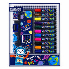 Zhilibang Space Theme Kids Art & Stationery Set with 12 Color Markers, 12-Page Drawing Book, Ruler, Eraser, Sharpener, 6 Pencils & Clips – Protect Our Earth Creative Learning Kit
