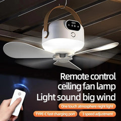 5W Rechargeable Portable Hanging Ceiling Fan with RC, Single Brushless Motor, 3 Blades, 3 Wind Speeds, USB Type-C Charging, Built-In Night Light & Hanging Hook