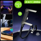 عبوة من 3 - كابل شحن سريع USB-C 2 في 1 بقوة 240 واط مع حامل هاتف قابل للطي، سلك شاحن بزاوية قائمة 90 درجة للألعاب، نقل بيانات 480 ميجابت في الثانية، كابل مضفر من خليط معدني للهواتف الذكية والأجهزة اللوحية وأجهزة الكمبيوتر المحمولة، 1.5 متر