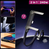 كابل شحن سريع USB-C ثنائي في واحد بقوة 240 واط مع حامل هاتف قابل للطي، سلك شاحن بزاوية 90 درجة للألعاب، نقل بيانات 480 ميجابت في الثانية، كابل مضفر من السبائك للهواتف الذكية والأجهزة اللوحية وأجهزة الكمبيوتر المحمولة، 1.5 متر