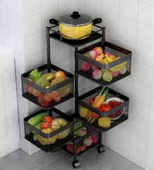 Multi Layer Square Metal Kitchen Storage Rack with Rotating Shelves & Wheels